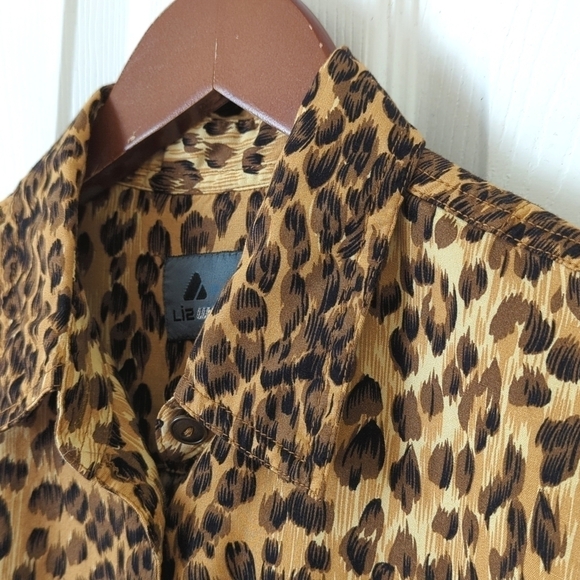 Liz Wear 90's Vintage Leopard Print Long Sleeve Button Down Shirt Brown Black M - Picture 3 of 12